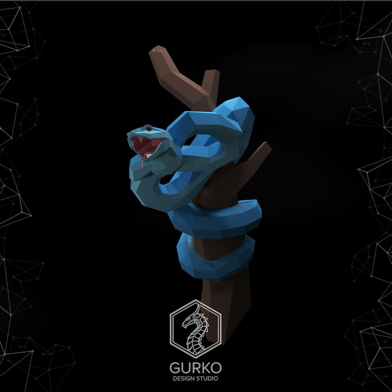 May include: A blue snake wrapped around a brown tree branch. The snake has a wide open mouth with sharp teeth. The snake is made of paper and is a 3D model.