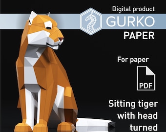 Papercraft Sitting Tiger Turned, Cat, Digital Template, PDF Download, Gurko, LowPoly, Pepakura, DIY Origami Sculpture, Paper Party Decor