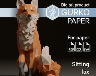 Renard assis Papercraft, modèle numérique, PDF, SVG, téléchargement DXF, Gurko, Low Poly, Pepakura, sculpture en origami, décoration de fête en papier