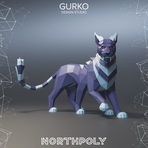 May include: A low-poly, blue and white, 3D model of a saber-toothed cat with red eyes. The model is standing on a gray surface. The text "GURKO DESIGN STUDIO" and "NORTHPOLY" are visible in the image.