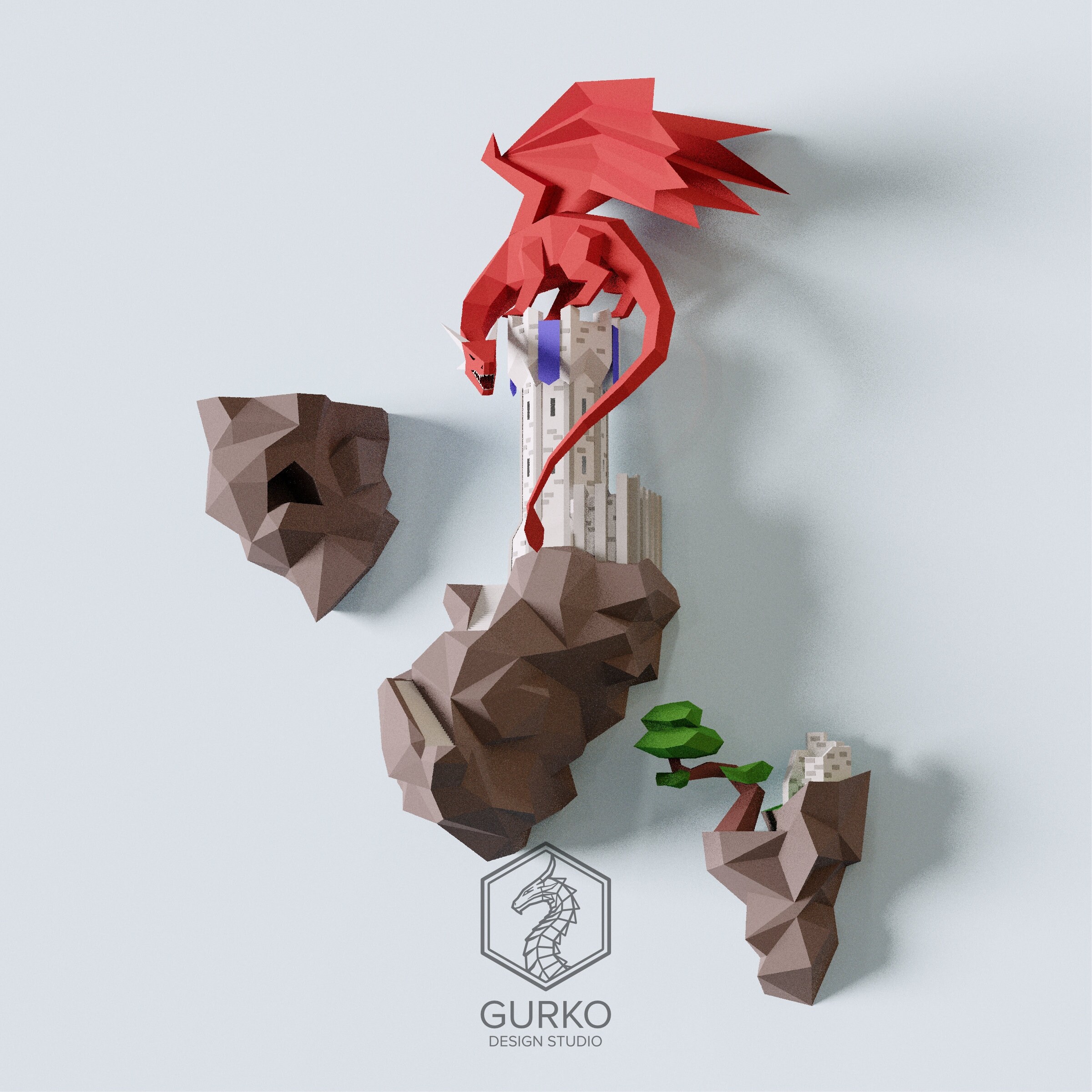 Papercraft Flying Island. Dragon Tower, Digital Template