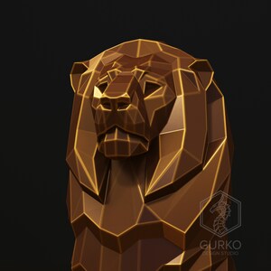 May include: A gold-coloured, geometric lion sculpture in a low-poly style. The sculpture is made of a smooth, shiny material and has a detailed face.
