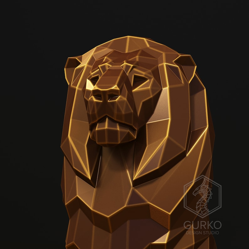May include: A gold-coloured, geometric lion sculpture in a low-poly style. The sculpture is made of a smooth, shiny material and has a detailed face.