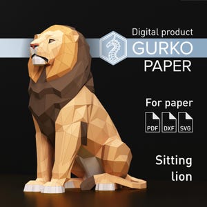 Sitting Lion Papercraft, Cat, Digital Template, PDF, SVG, DXF Download, Gurko, Low Poly, Pepakura, Origami Sculpture, Paper Party Decoration