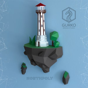 Papercraft Flying Island. Faro, modello digitale, download PDF, Gurko, 3D Low Poly, Pepakura, scultura origami fai da te, decorazione di carta, regalo