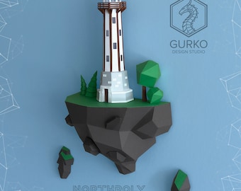 May include: A papercraft model of a lighthouse on a small island. The lighthouse is white with a red roof and brown trim. The island is made of gray paper and has a green base. The text "NORTHPOLY" is printed on the base of the island.