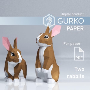 Due conigli di carta, lepre, modello digitale, download PDF, Gurko, Low Poly, Pepakura, scultura origami, decorazione per feste in carta, regalo fai da te