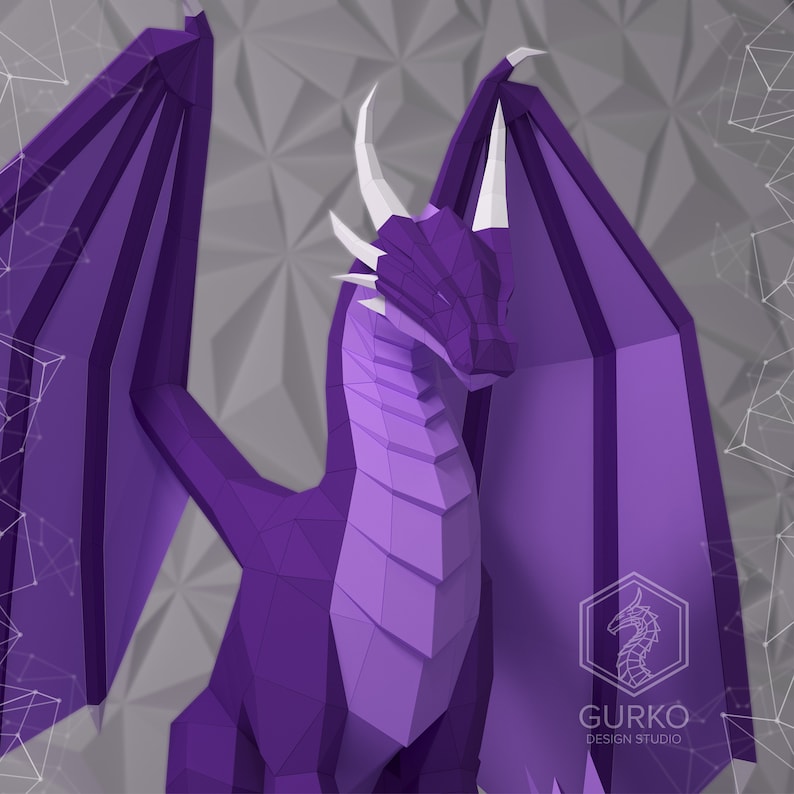 May include: Purple origami dragon with white horns and wings. The dragon is standing on a gray background with a geometric pattern.