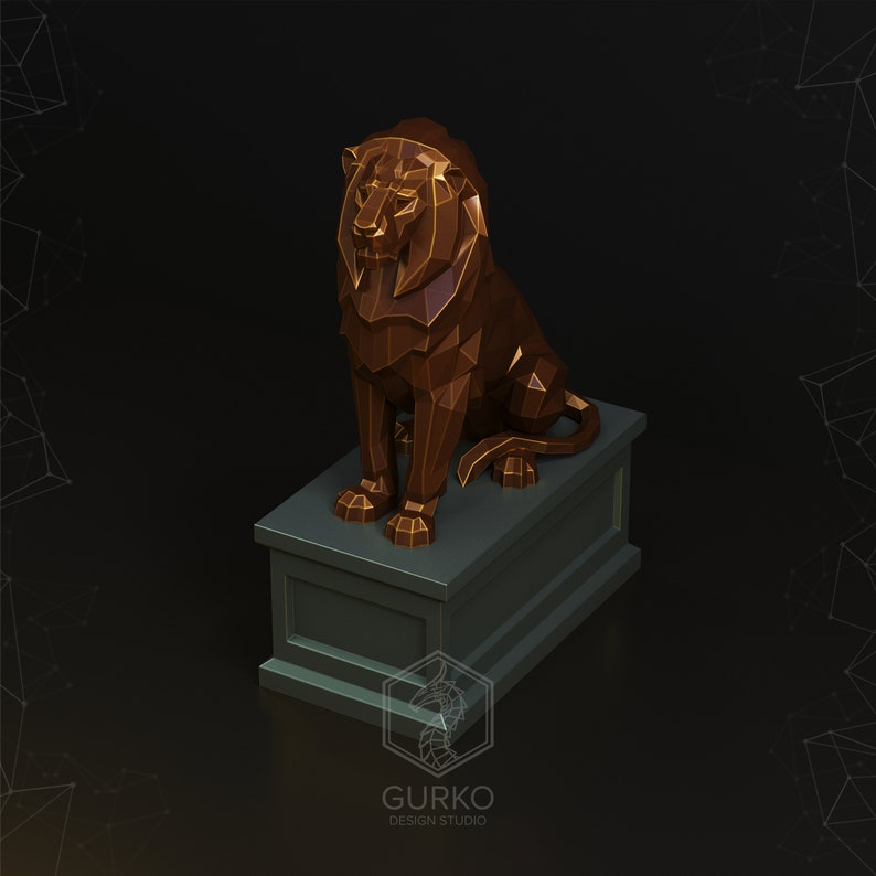 May include: A gold-coloured, low-poly lion sculpture sitting on a dark green pedestal. The lion is facing to the left and has a detailed mane.