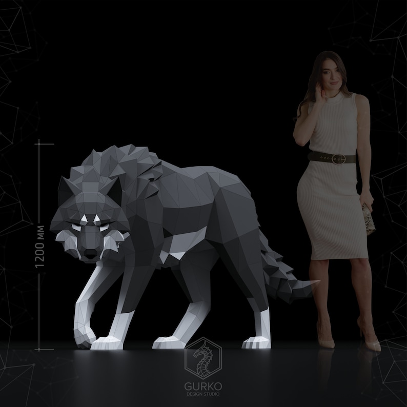 May include: A black and white origami wolf sculpture standing on a black surface. The wolf is 1200 mm tall and is made of paper. The sculpture is a low-poly design with a geometric style.