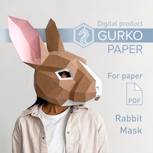 Máscara de conejo en papel, liebre, plantilla digital, descarga en PDF, Gurko, máscara de animal en 3D de baja poli, origami DIY, pepakura, máscara de papel, disfraz DIY