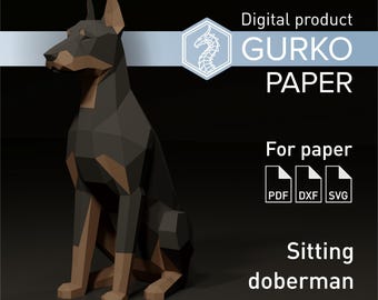 Zittende Dobermann #2 Papercraft, digitale sjabloon, pdf, SVG, DXF-download, Gurko, 3D Low Poly, Pepakura, origami-sculptuur, papieren feestdecor