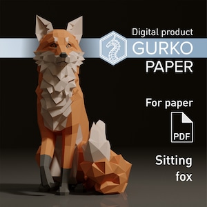 Volpe seduta Papercraft, modello digitale, download PDF, Gurko, 3D LowPoly, Pepakura, scultura origami fai da te, decorazione per feste in carta, regalo fai da te