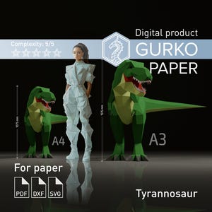 May include: Digital product image featuring a papercraft Tyrannosaurus Rex model. The image includes the text "GURKO PAPER" and "Tyrannosaur". The model is green with red accents, and the image shows the model's dimensions in millimeters.