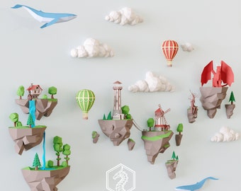 May include: A papercraft scene with a red dragon, a windmill, a lighthouse, a hot air balloon, and a blue whale. The scene is set against a light blue background with white clouds. The papercraft is made of paper and cardboard and is designed to be assembled by hand. The scene is a whimsical and imaginative creation that is perfect for adding a touch of whimsy to any room.