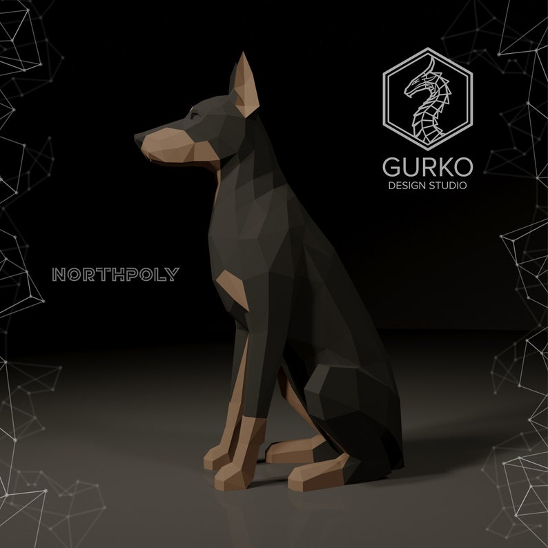 Sitzender Dobermann Papiermodell, Hund, PDF Download, Gurko, 3D LowPoly, Pepakura, Origami Skulptur, Papierfigur, Partydeko, DIY Geschenk Bild 3