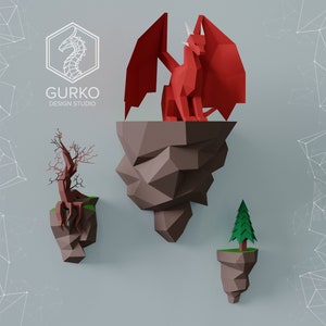 Papercraft Flying Island. Drago seduto, modello digitale, download PDF, Gurko, 3D Low Poly, Pepakura, scultura origami fai da te, decorazioni di carta