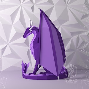 May include: A purple origami dragon with white horns and wings. The dragon is sitting on a white background with a geometric pattern.