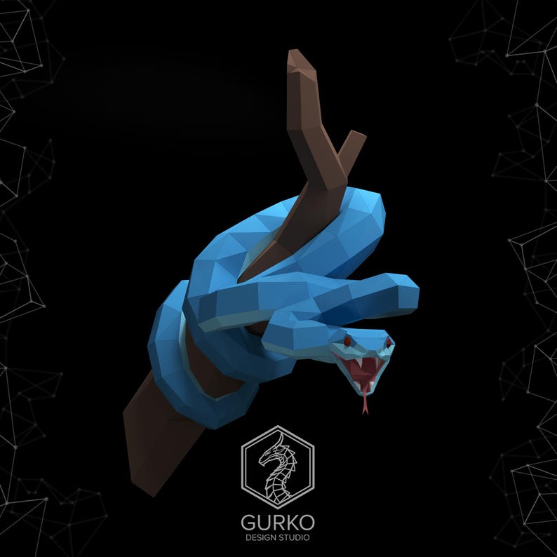 May include: A blue, low-poly snake wrapped around a brown branch. The snake's mouth is open, revealing sharp teeth and a red tongue.
