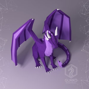May include: A purple origami dragon with white horns and a curled tail. The dragon is sitting on a light purple background.