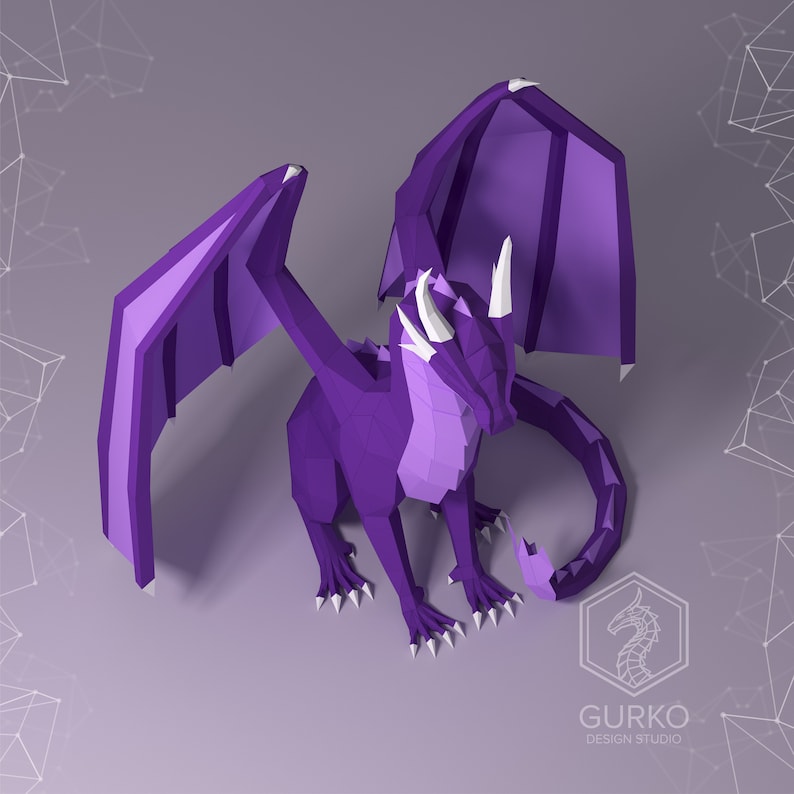 May include: A purple origami dragon with white horns and a curled tail. The dragon is sitting on a light purple background.