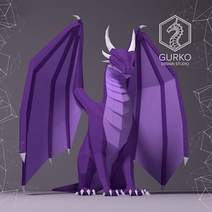 May include: A purple origami dragon with white claws and horns. The dragon is sitting with its wings spread out.
