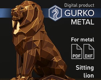 Metalowa rzeźba z papieru: siedzący lew, kot, DXF, PDF, pobieranie szablonu cyfrowego, Gurko, Pepakura, spawanie niskopoligonowe 3D origami, metalowa rzeźba DIY