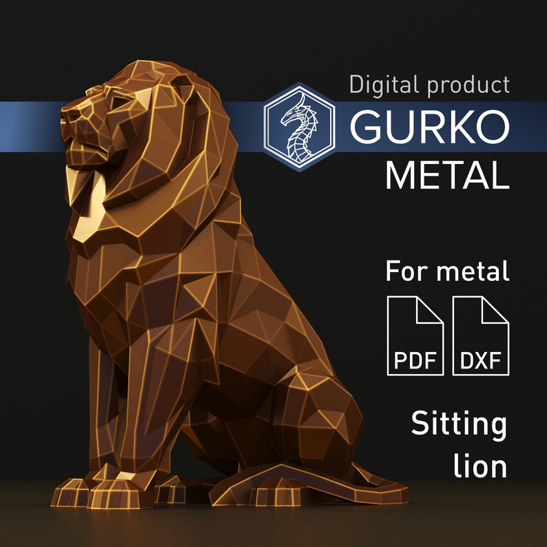 May include: A digital product for metalworking, a low-poly 3D model of a sitting lion. The model is available in PDF and DXF formats. The image shows a brown, metallic lion with a geometric design.