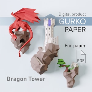 Papercraft Flying Island. Dragon Tower, modello digitale, download PDF, Gurko, 3D Low Poly, Pepakura, scultura origami fai da te, decorazioni in carta