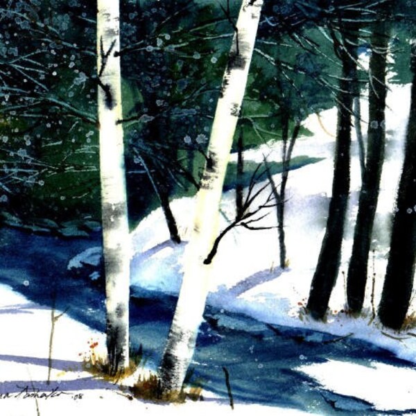 Maine Winter Birch Trees Snow Original Watercolor Painting