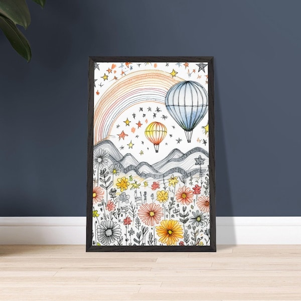 Whimsical Hot Air Balloon floating by a Rainbow over a field of wildflowers hand-drawn sketch Premium Wooden Framed Poster