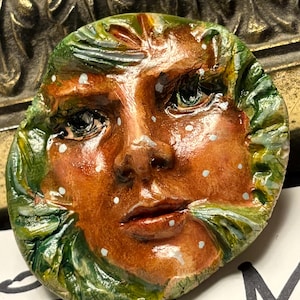 ceramic clay face doll parts  craft  woman handmade  ceramic tile  girl African American mask doll parts head  goddess  tribal green leaves