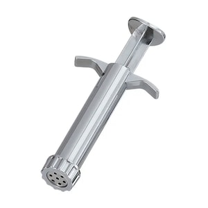May include: A shiny, chrome-colored cookie press with a plunger-style design. It features a handle, two side levers, and a nozzle with multiple small holes. The tool is designed for dispensing cookie dough.