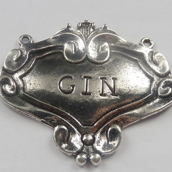 GIN silver pendant large focal component jewelry findings liquor tag words stamp   boho