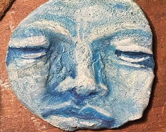 blue Ceramic clay face cab cabochon doll parts pendant pottery woman handmade leaves garden mask parts head  goddess yellow