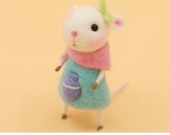 Needle felt kit white mouse in blue green dress and hat  country mouse rat  DIY sewing craft hobby wool   girl woman
