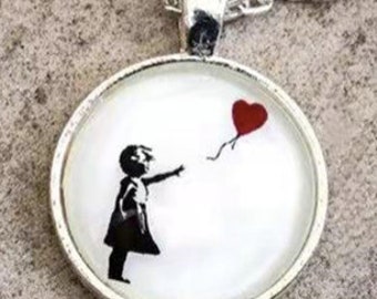 Banksy girl with red balloon  necklace glass charm 17 inch silver color chain   pendant R12