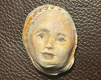 blue Ceramic clay face cab cabochon doll parts pendant pottery woman handmade leaves garden mask parts head  goddess yellow