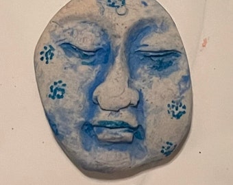 blue moon face doll face Handmade clay   head cabochon mosaic tile woman lady  small   parts