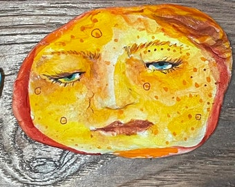 large   Ceramic clay face doll parts pendant craft pottery  woman handmade  yellow  orange mask woman mask doll parts head mask goddess