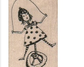 Large Wood block stamp printer scrapbooking supplies steampunk girl on unicycle bicycle jumping rope tattoo