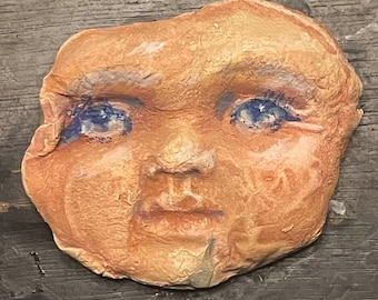 Ceramic clay face cab cabochon doll parts pendant pottery woman handmade leaves garden mask parts head  goddess yellow