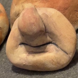May include: Close-up of a sculpted face with a large, bulbous nose and a slightly downturned mouth. The face is made of a light brown material and has a textured surface.