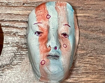 Ceramic clay face doll parts pendant craft pottery  woman handmade  yellow  orange mask woman mask doll parts head mask goddess