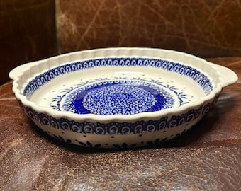 Polish Pottery pie plate baker fluted  serving  vintage  vintage blue   dish Boleslawiec