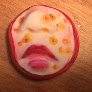 clay face  craft supplies partial faces  handmade cabochon green blue woman  mask  polymer  indings   doll parts head mask stripes tribal