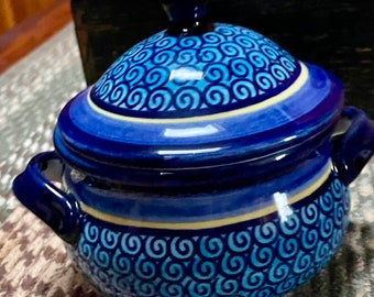 Polish pottery individual soup bowls with lids. Vintage. Over 25 years old  blue and yellow dish  serving tureen miniature