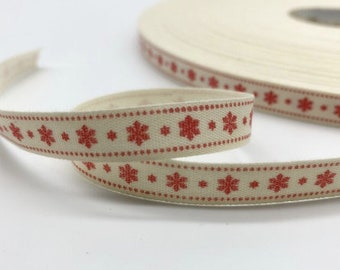 5 Yards Christmas ribbon 10mm red and white snowflakes  Printed Cotton Ribbons For Wedding Christmas Decoration DIY Sewing Fabric