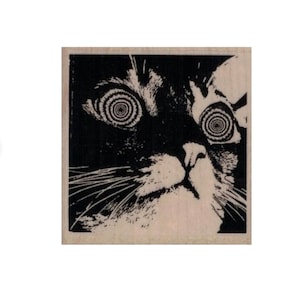 May include: Black and white illustration of a cat's face with swirling eyes.