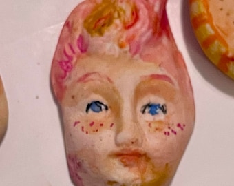 doll face Handmade clay  red hair head cabochon mosaic tile woman lady freckles small blue eyes parts